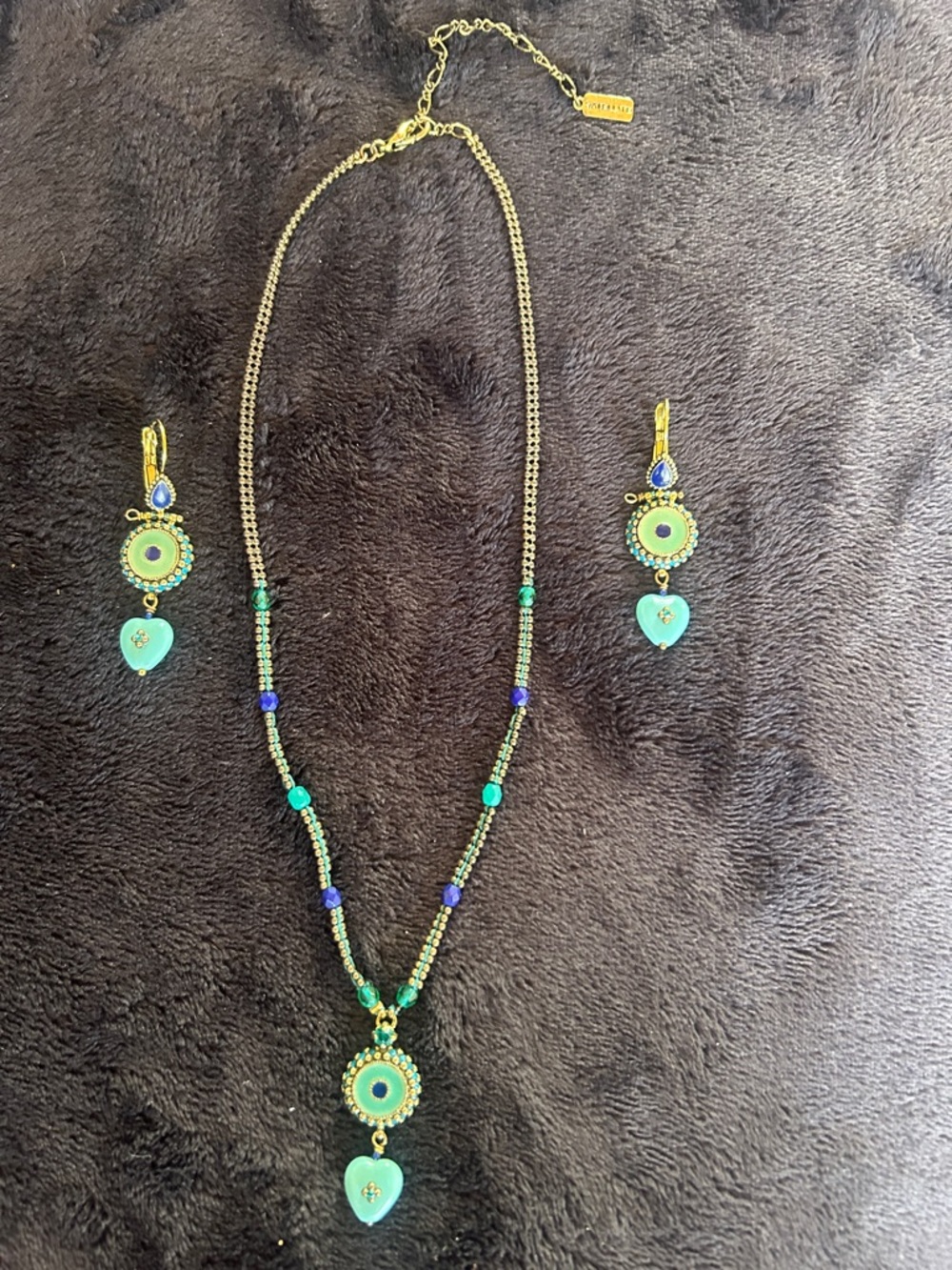 Gold-Tone Green, Turquoise & Blue Beaded Heart Pendant Necklace and Earring Set